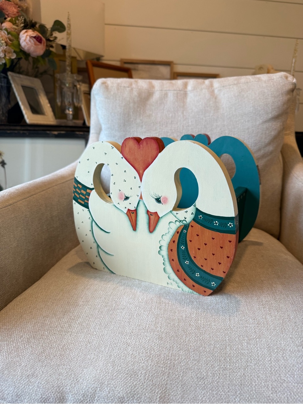 Handpainted Swan Wood Organizer Napkin Holder Basket Cottagecore Basket